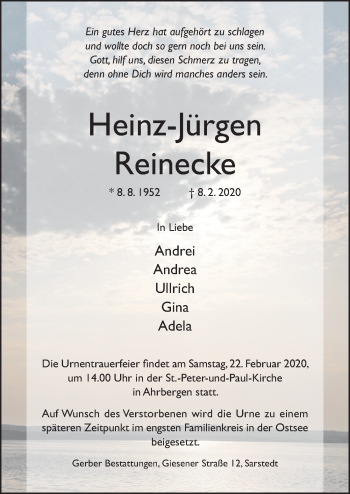 Traueranzeige von Heinz-Jürgen Reinecke von Hildesheimer Allgemeine Zeitung