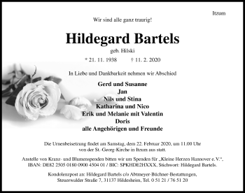Traueranzeige von Hildegard Bartels von Hildesheimer Allgemeine Zeitung
