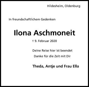 Traueranzeige von Ilona Aschmoneit von Hildesheimer Allgemeine Zeitung