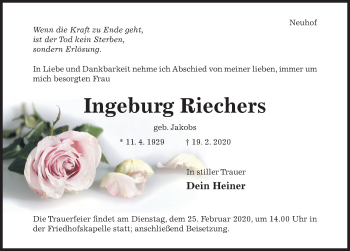 Traueranzeige von Ingeburg Riechers von Hildesheimer Allgemeine Zeitung