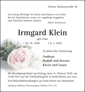 Traueranzeige von Irmgard Klein von Hildesheimer Allgemeine Zeitung