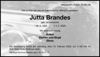 Traueranzeige von Jutta Brandes von Hildesheimer Allgemeine Zeitung