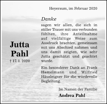 Traueranzeige von Jutta Pahl von Hildesheimer Allgemeine Zeitung
