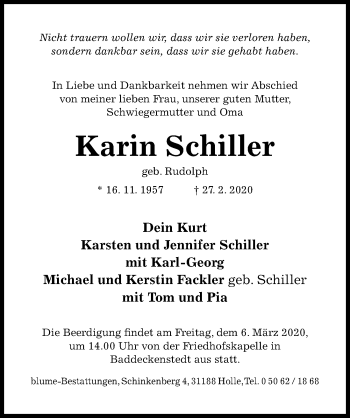 Traueranzeige von Karin Schiller von Hildesheimer Allgemeine Zeitung