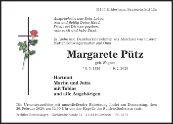 Traueranzeige von Margarete Pütz von Hildesheimer Allgemeine Zeitung
