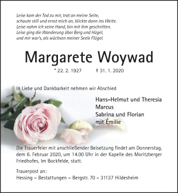 Traueranzeige von Margarete Woywad von Hildesheimer Allgemeine Zeitung