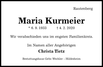 Traueranzeige von Maria Kurmeier von Hildesheimer Allgemeine Zeitung