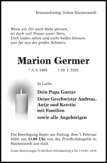 Traueranzeige von Marion Germer von Hildesheimer Allgemeine Zeitung