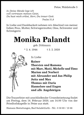 Traueranzeige von Monika Palandt von Hildesheimer Allgemeine Zeitung