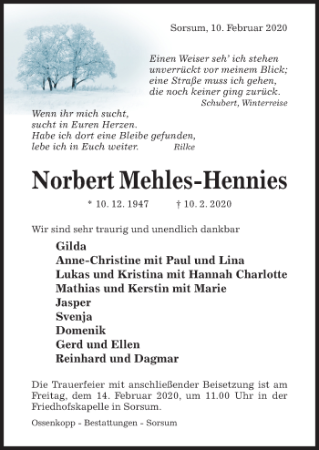 Traueranzeige von Norbert Mehles-Hennies von Hildesheimer Allgemeine Zeitung