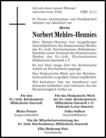 Traueranzeige von Norbert Mehles-Hennies von Hildesheimer Allgemeine Zeitung