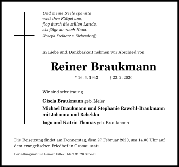 Traueranzeige von Reiner Braukmann von Hildesheimer Allgemeine Zeitung