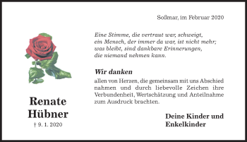 Traueranzeige von Renate Hübner von Hildesheimer Allgemeine Zeitung