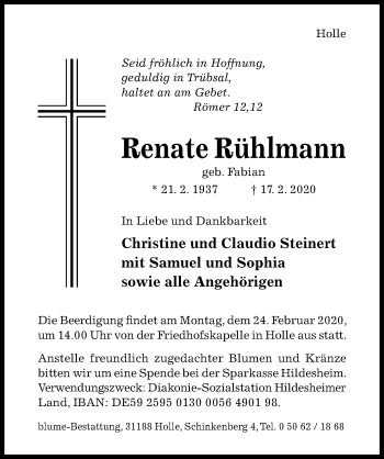 Traueranzeige von Renate Rühlmann von Hildesheimer Allgemeine Zeitung