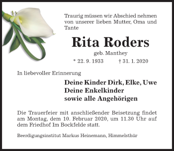 Traueranzeige von Rita Roders von Hildesheimer Allgemeine Zeitung