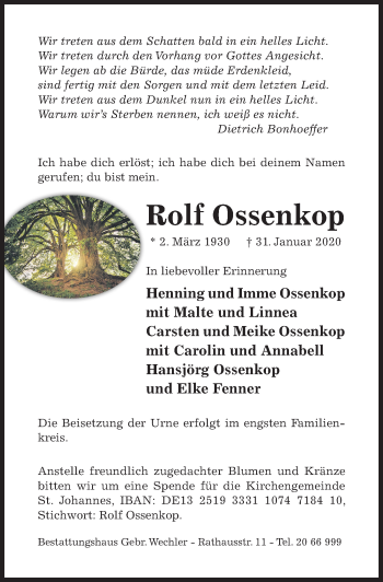 Traueranzeige von Rolf Ossenkop von Hildesheimer Allgemeine Zeitung