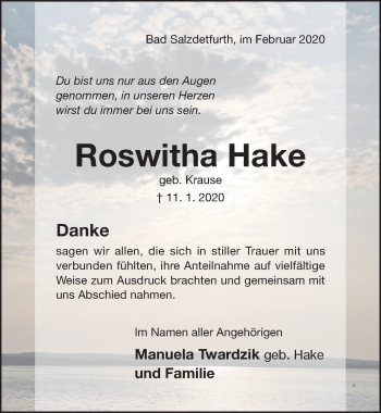 Traueranzeige von Roswitha Hake von Hildesheimer Allgemeine Zeitung