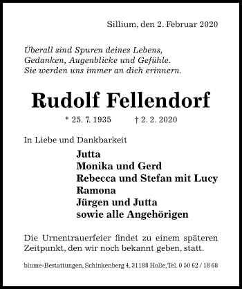 Traueranzeige von Rudolf Fellendorf von Hildesheimer Allgemeine Zeitung