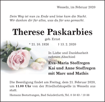 Traueranzeige von Therese Paskarbies von Hildesheimer Allgemeine Zeitung