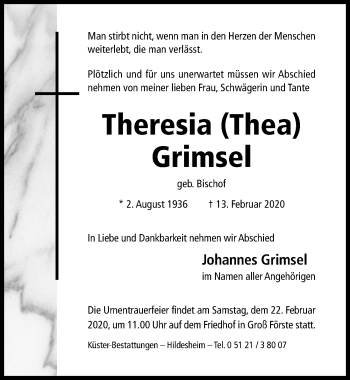 Traueranzeige von Theresia Grimsel von Hildesheimer Allgemeine Zeitung