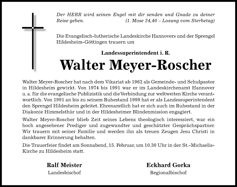  Traueranzeige für Walter Meyer-Roscher vom 13.02.2020 aus Hildesheimer Allgemeine Zeitung