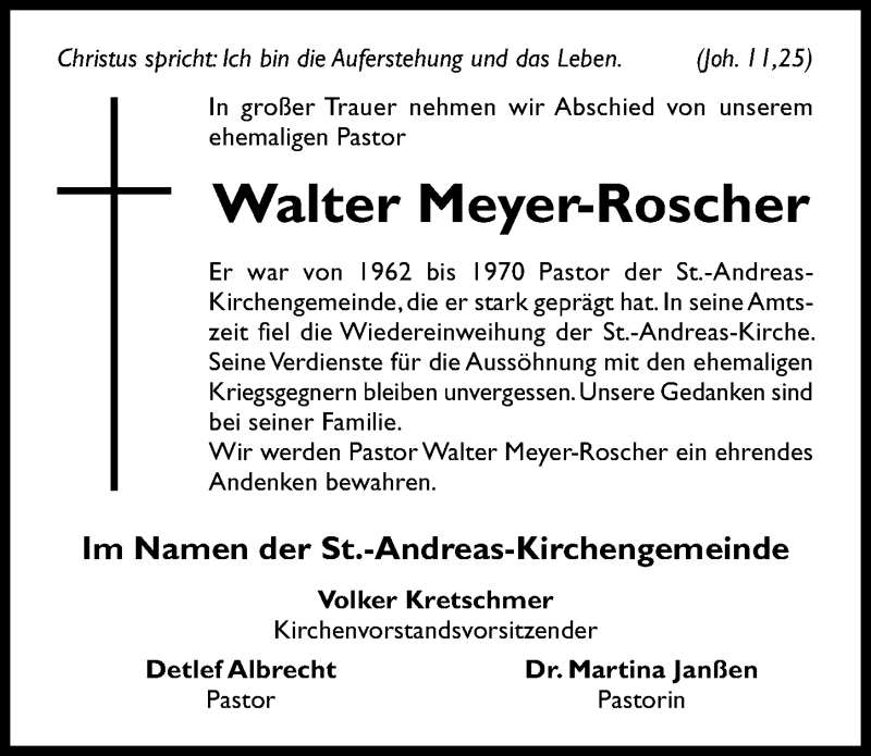  Traueranzeige für Walter Meyer-Roscher vom 14.02.2020 aus Hildesheimer Allgemeine Zeitung