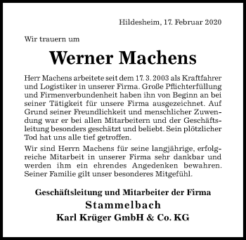 Traueranzeige von Werner Machens von Hildesheimer Allgemeine Zeitung