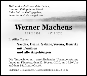 Traueranzeige von Werner Machens von Hildesheimer Allgemeine Zeitung