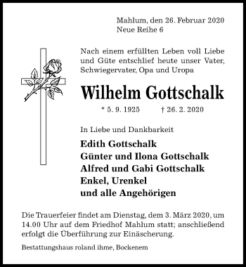 Traueranzeige von Wilhelm Gottschalk von Hildesheimer Allgemeine Zeitung