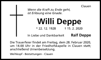 Traueranzeige von Willi Deppe von Hildesheimer Allgemeine Zeitung