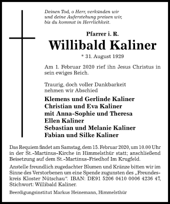 Traueranzeige von Willibald Kaliner von Hildesheimer Allgemeine Zeitung