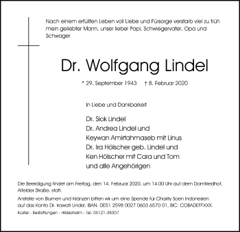 Traueranzeige von Wolfgang Lindel von Hildesheimer Allgemeine Zeitung