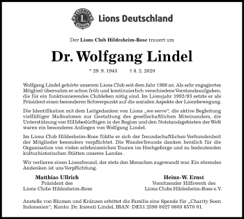 Traueranzeige von Wolfgang Lindel von Hildesheimer Allgemeine Zeitung