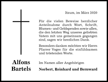 Traueranzeige von Alfons Bartels von Hildesheimer Allgemeine Zeitung