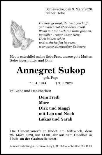 Traueranzeige von Annegret Sukop von Hildesheimer Allgemeine Zeitung