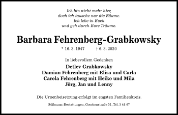 Traueranzeige von Barbara Fehrenberg-Grabkowsky von Hildesheimer Allgemeine Zeitung