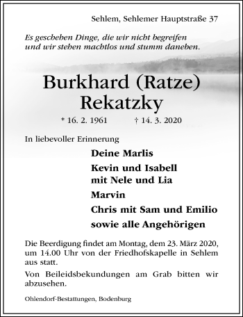 Traueranzeige von Burkhard Ratze von Hildesheimer Allgemeine Zeitung