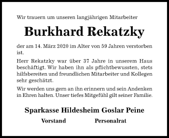 Traueranzeige von Burkhard Rekatzky von Hildesheimer Allgemeine Zeitung