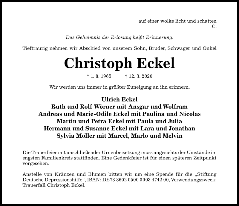  Traueranzeige für Christoph Eckel vom 24.03.2020 aus Hildesheimer Allgemeine Zeitung
