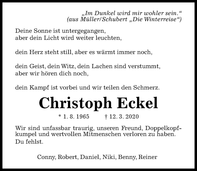  Traueranzeige für Christoph Eckel vom 24.03.2020 aus Hildesheimer Allgemeine Zeitung