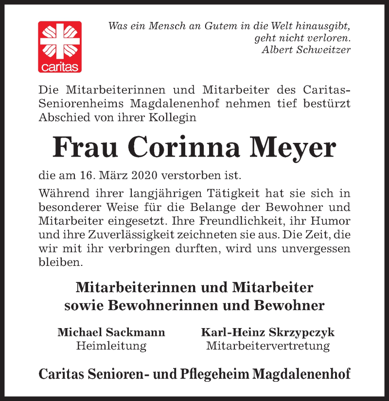  Traueranzeige für Corinna Meyer vom 21.03.2020 aus Hildesheimer Allgemeine Zeitung