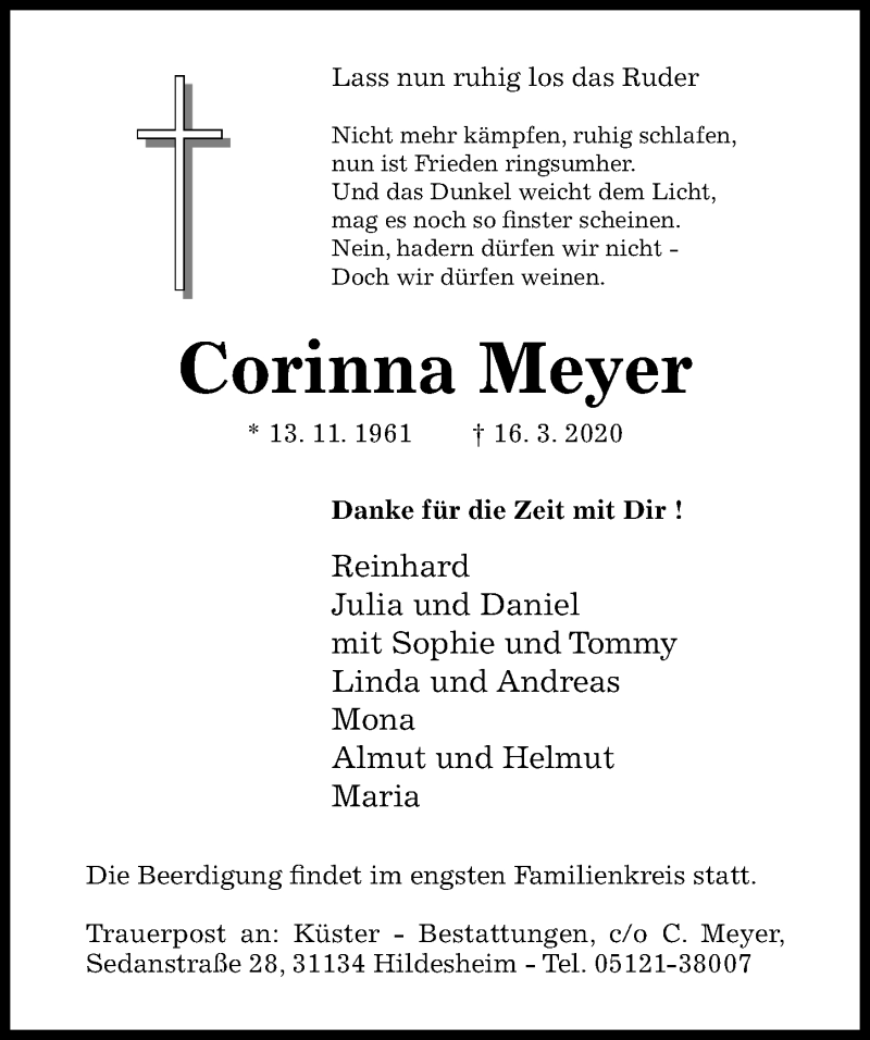  Traueranzeige für Corinna Meyer vom 18.03.2020 aus Hildesheimer Allgemeine Zeitung