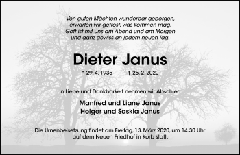 Traueranzeige von Dieter Janus von Hildesheimer Allgemeine Zeitung