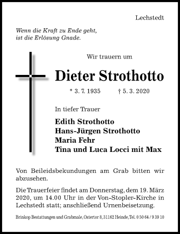 Traueranzeige von Dieter Strothotto von Hildesheimer Allgemeine Zeitung