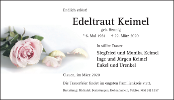 Traueranzeige von Edeltraut Keimel von Hildesheimer Allgemeine Zeitung