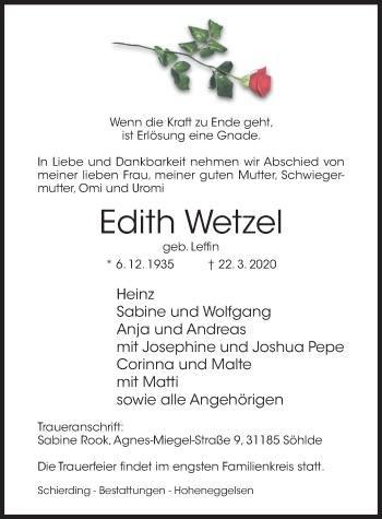 Traueranzeige von Edith Wetzel von Hildesheimer Allgemeine Zeitung