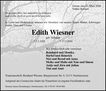 Traueranzeige von Edith Wiesner von Hildesheimer Allgemeine Zeitung