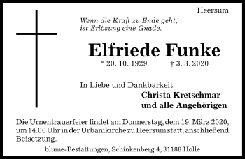 Traueranzeige von Elfriede Funke von Hildesheimer Allgemeine Zeitung