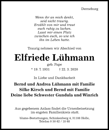 Traueranzeige von Elfriede Lühmann von Hildesheimer Allgemeine Zeitung