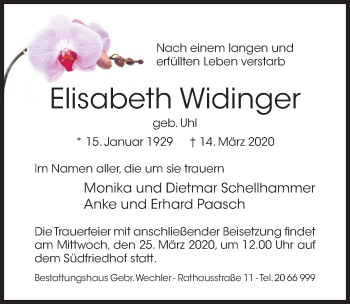 Traueranzeige von Elisabeth Widinger von Hildesheimer Allgemeine Zeitung